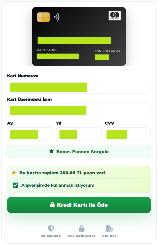Ödeme ekranında Bonus Puanını Sorgula düğmesi, kullanılabilir puan bakiyesi ve Alışverişimde kullanmak istiyorum seçeneği